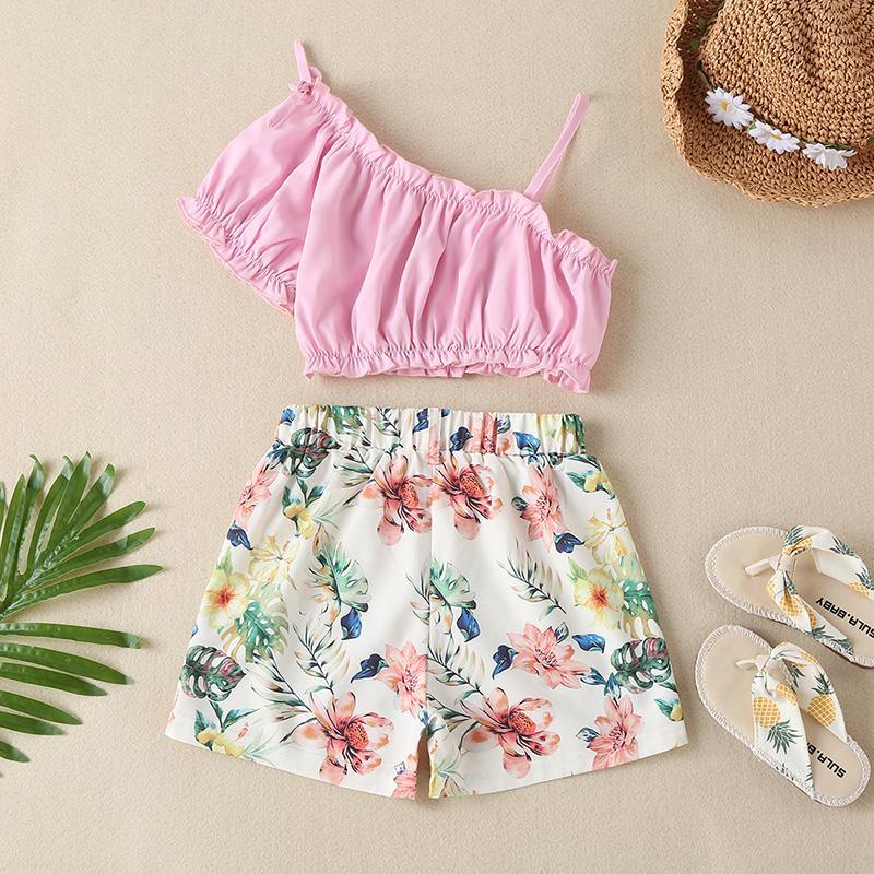 Toddler Girl Slanted Shoulder Top & Flower Shorts Wholesale Children's Clothing - PrettyKid