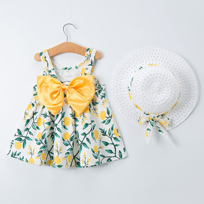 3-24M Printed Sleeveless Crew Neck Dress Hat Wholesale Baby Clothes - PrettyKid
