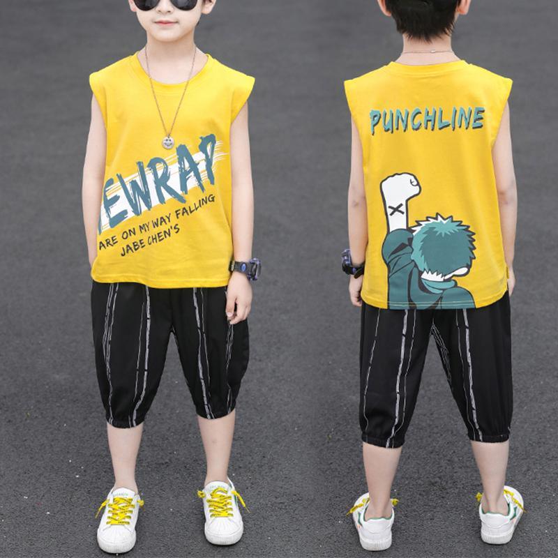 Boy Letter Print Loose Tank & Striped Knee Length Shorts - PrettyKid