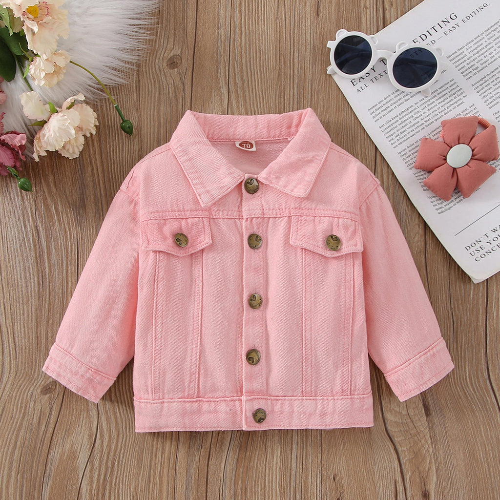 3M-3Y Toddler Girls Pink Long Sleeve Cardigan Single Breasted Lapel Denim Jacket Wholesale Girls Clothing Suppliers - PrettyKid