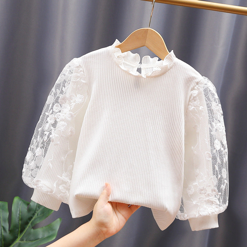 3-11Years Kids Girls White Mock Neck Lace Bubble Sleeve Pit Striped Top Bottoming Shirt Wholesale Childrens Clothing In Bulk - PrettyKid