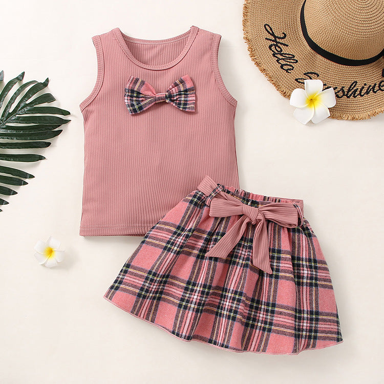 18M-6Y 2 Piece Set Toddler Girls Plaid Bow Tank Top & Skirts Wholesale Girls Fashion Clothes