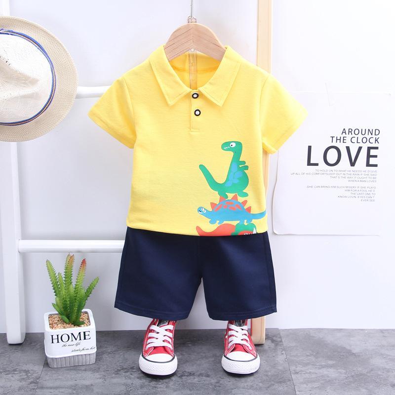 Grow Boy Dinosaur Pattern Polo Shirt & Solid Color Shorts - PrettyKid