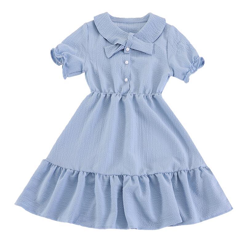 Kid Girl Solid Color Lapel Ruffle Hem Dress - PrettyKid