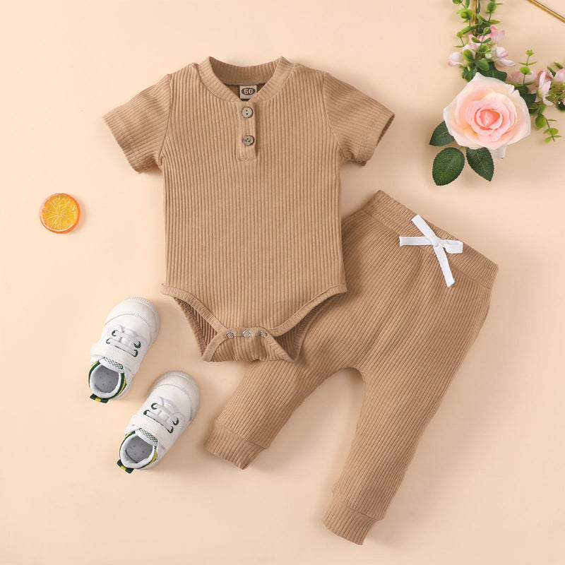 Baby Boy Short-Sleeve Solid Ribbed Bodysuit And Trousers Baby Outfit Sets - PrettyKid