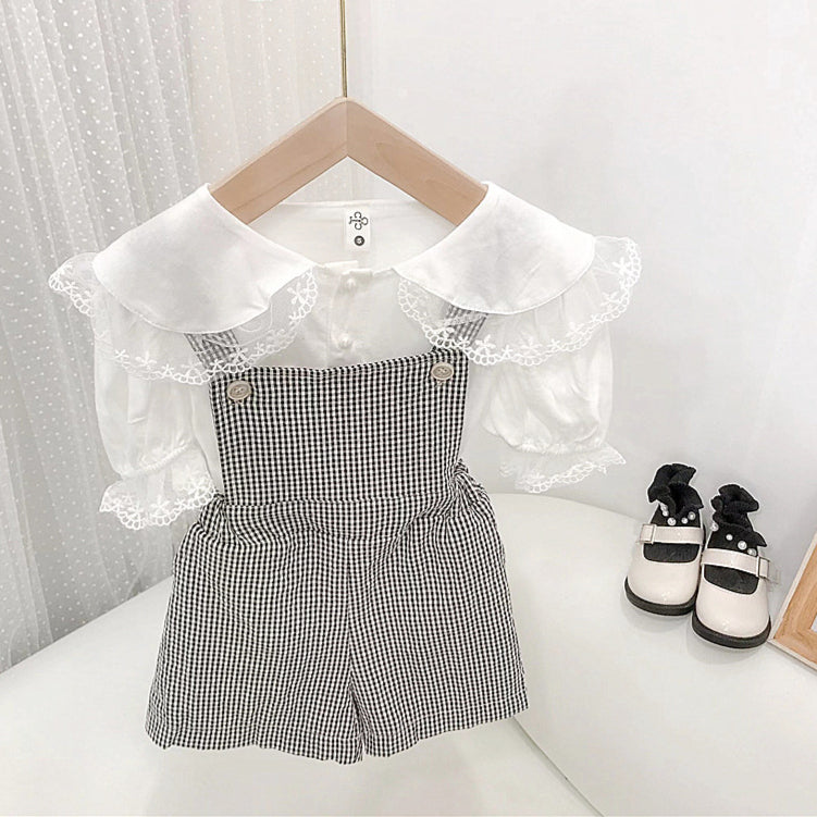 9M-6Y Toddler Girl Sets White Button-Up Shirt And Check Bib Shorts Wholesale Toddler Clothing - PrettyKid