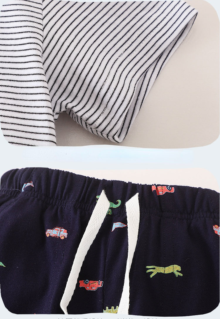 Toddler Kids Boys Striped Cotton Polo Collar Shirt Cartoon Dinosaur Print Short Sleeve Set - PrettyKid