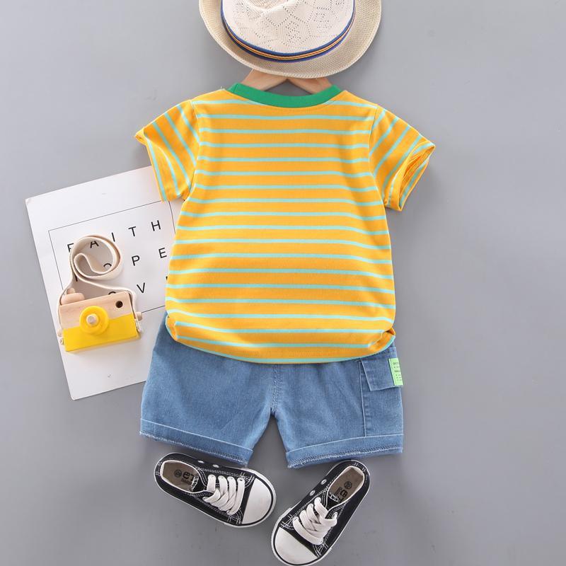 Toddler Boy Dinosaur Pattern Color Stripes Top & Denim Shorts - PrettyKid