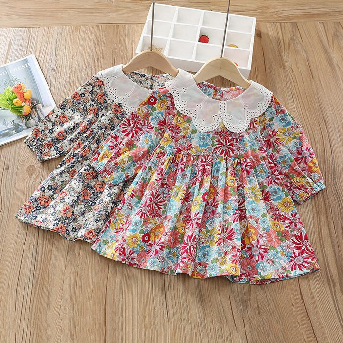 luxury baby clothes wholesale Baby Girl Floral Print Peter Pan Collar Dress - PrettyKid