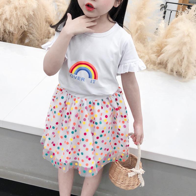 Toddler Girl Rainbow T-shirt & Colorful Polka Dot Mesh Skirt Wholesale Children's Clothing - PrettyKid