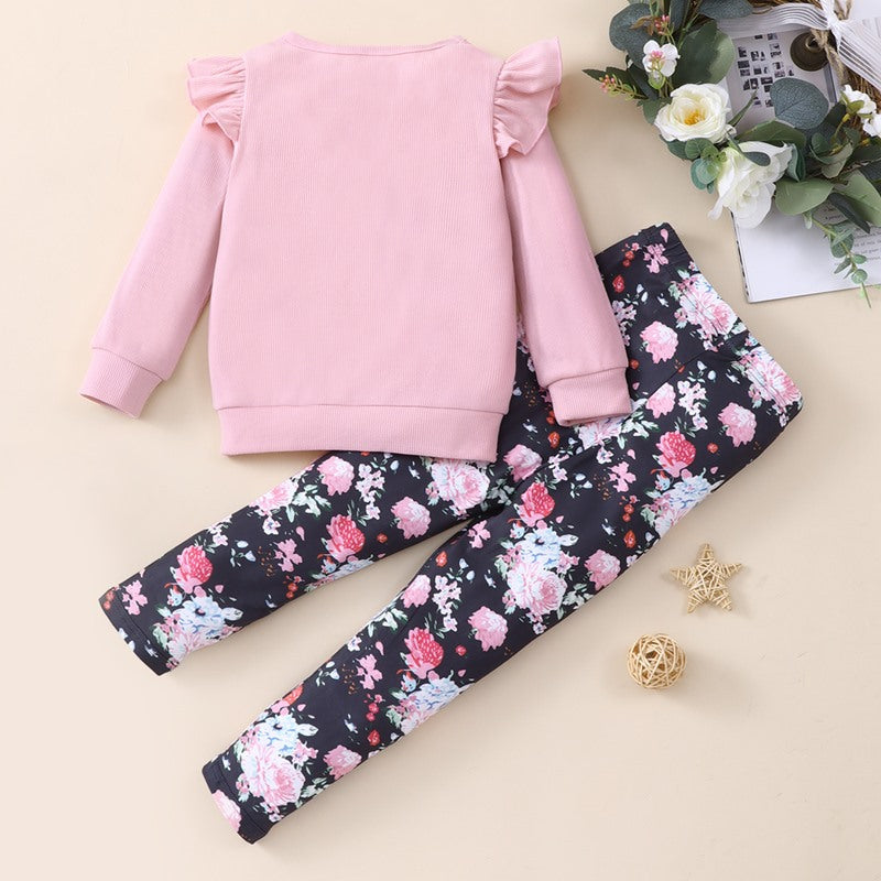 Toddler Girls Cotton Floral Casual Ribbed Top & Pants Suit - PrettyKid