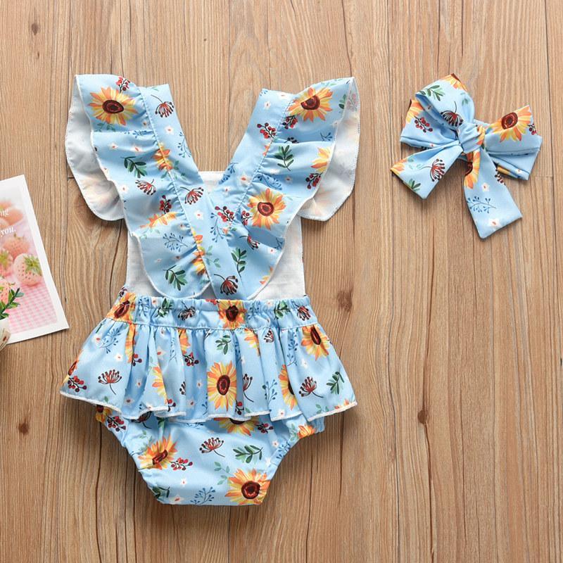 Baby Girl Floral Print Ruffle Armhole Bodysuit & Headband Children's Clothing - PrettyKid