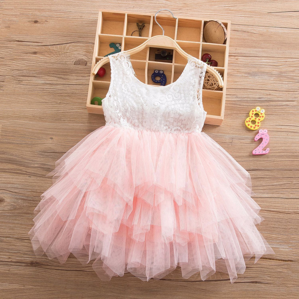 18M-6Y Toddler Girls Dresses Hollow Lace Tank Spliced Mesh Wholesale Girls Fashion Clothes - PrettyKid