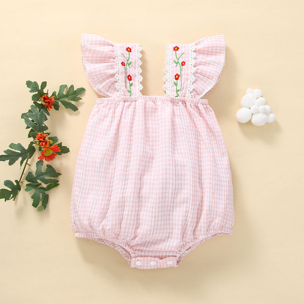 Baby Girl Flower Embroidered Plaid Jumpsuit Baby One Piece Jumpsuit - PrettyKid