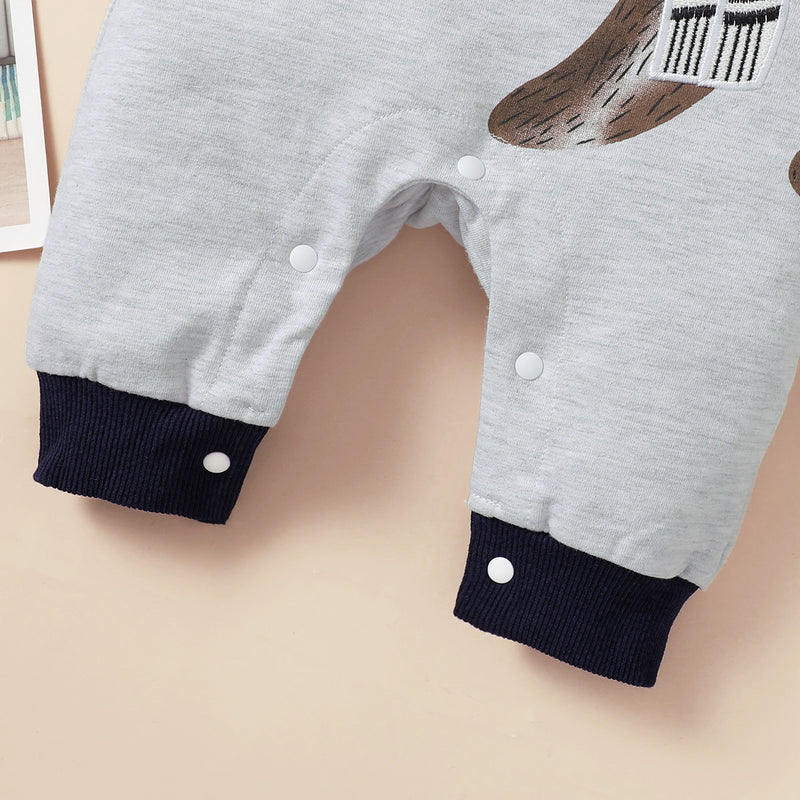 Wholesale Baby Color-block Embroidered Bear Pattern Raglan Sleeve Long-leg Romper in Bulk - PrettyKid