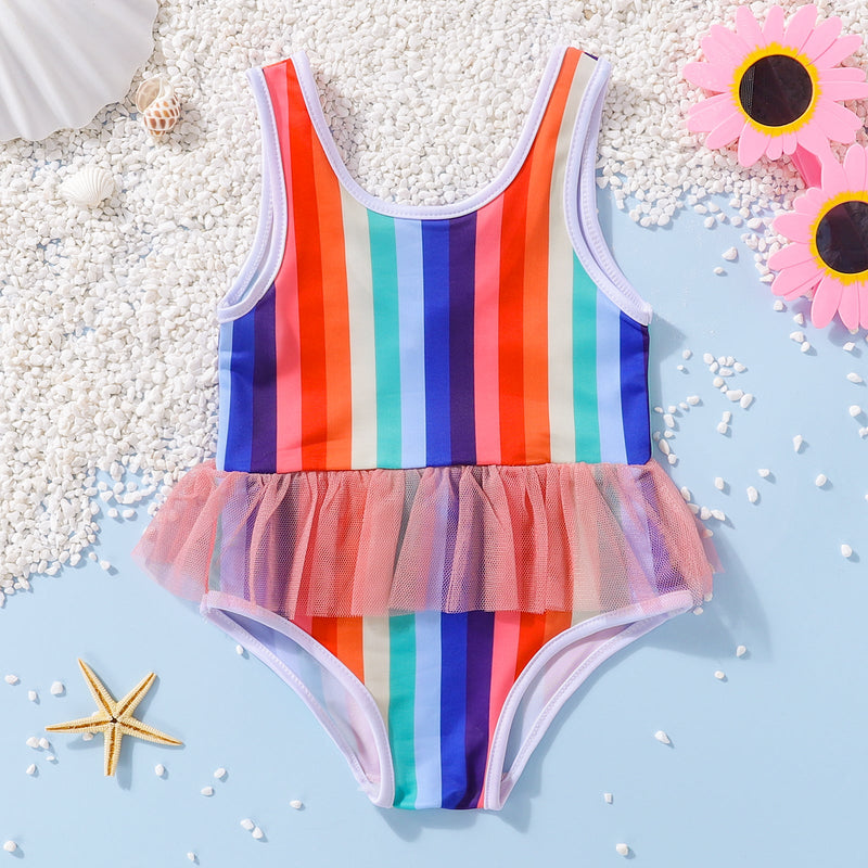 9M-4Y Toddler Girls Rainbow Striped Tank One Piece Swimsuit Wholesale Girls Clothes - PrettyKid