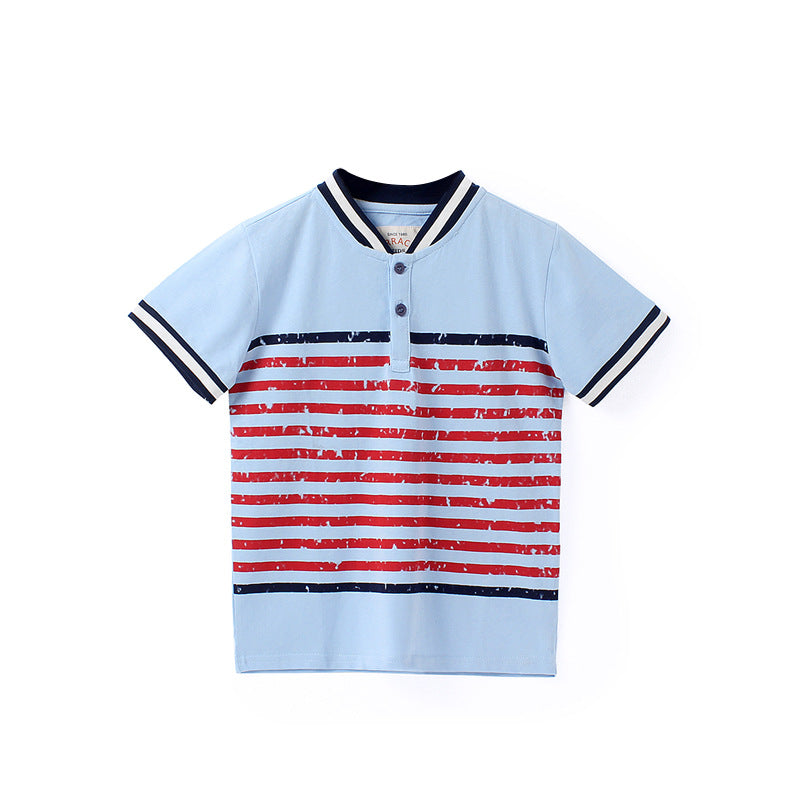 18M-6Y Boys Tops Short Sleeve Buttoned Stand Collar Casual Stripes Wholesale Toddler Clothing