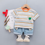 Grow Boy Color Stripes Frog Patten Top & Denim Shorts - PrettyKid