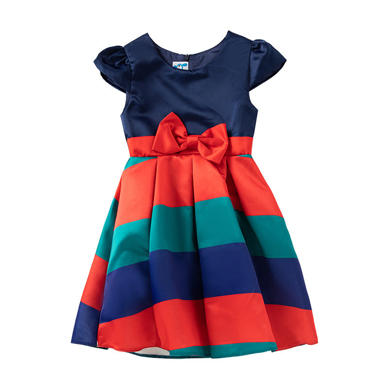 18M-12Y Colorblock Bow Shorts Sleeve Kids Girls Dresses