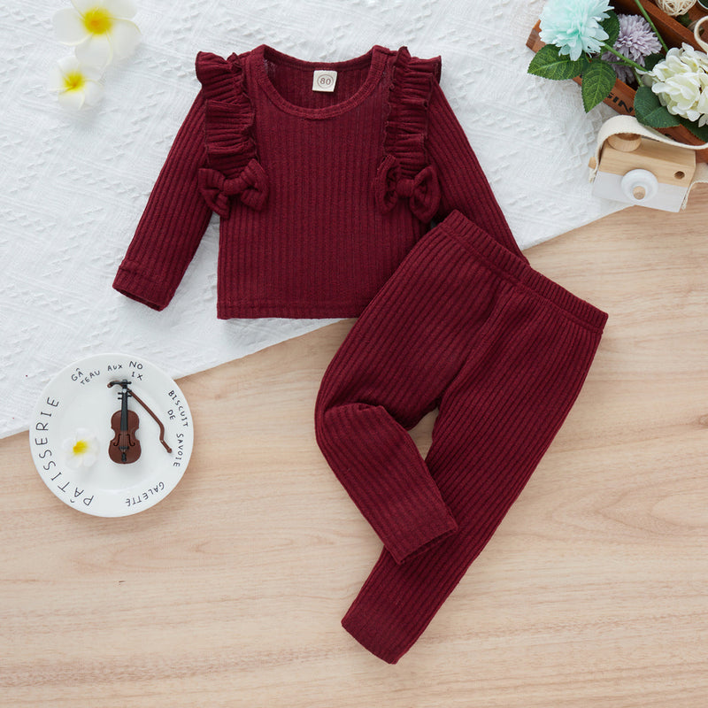 Baby Girl Solid Color Bow Bodysuit And Pants Two Piece Baby Sets - PrettyKid