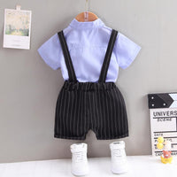 Toddler Boy Tie Decor Shirt & Plaid Suspender Shorts - PrettyKid