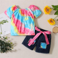 Toddler Girl Tie Dye Top & Ripped Denim Shorts - PrettyKid