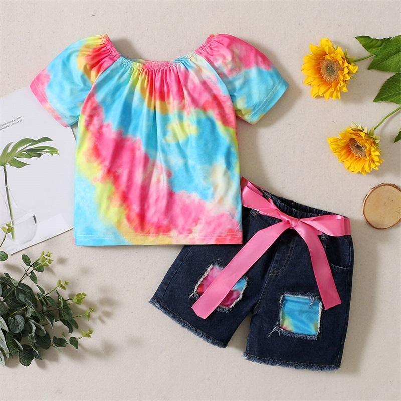 Toddler Girl Tie Dye Top & Ripped Denim Shorts - PrettyKid