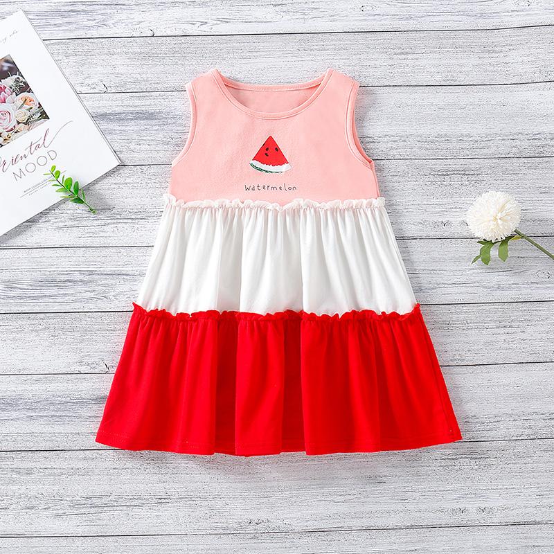 Toddler Girl Watermelon Pattern Color-block Sleeveless Dress - PrettyKid