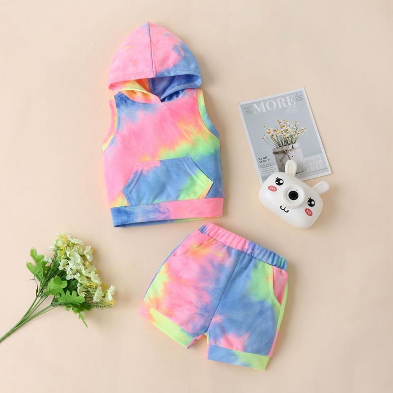 Baby Tie Dye Pattern Sleeveless Hooded Top & Shorts Children's Clothing - PrettyKid