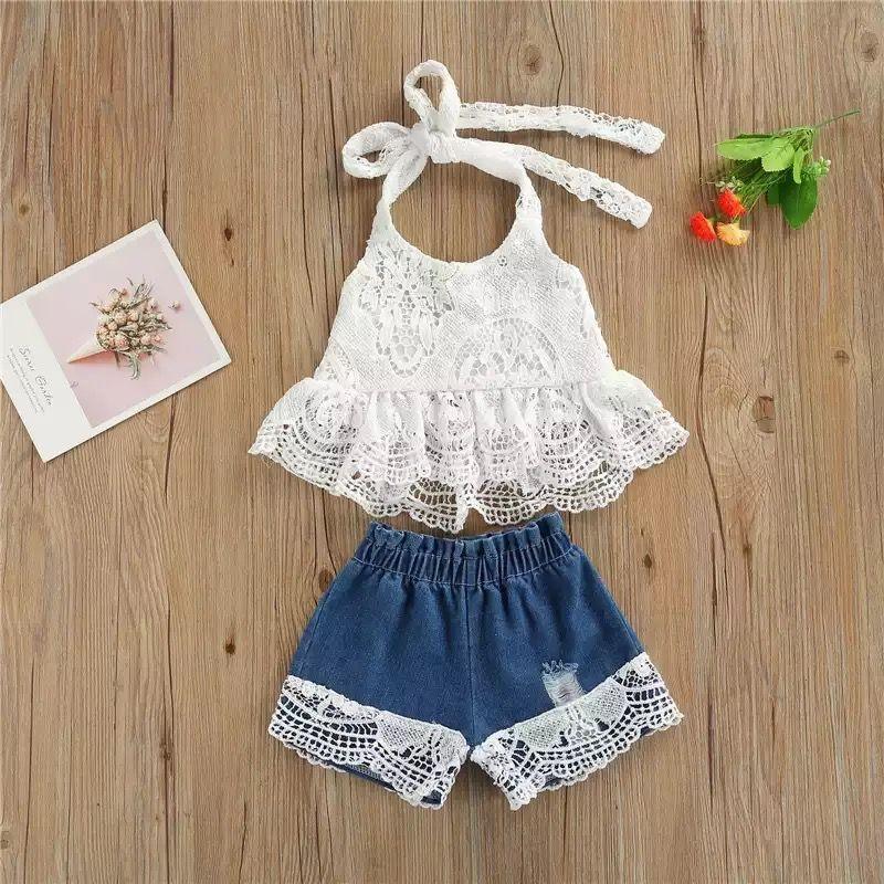 Toddler Girl Lace Braided Halterneck Top & Denim Shorts - PrettyKid