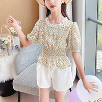 Girl Pearl Decor Collar Ruffle Hem Floral Top & Shorts - PrettyKid