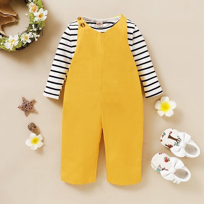 2-piece Striped Tops & Solid Dungarees for Toddler Girl - PrettyKid