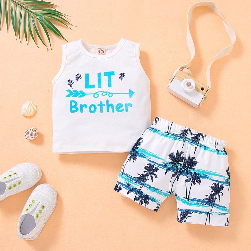 Toddler Boy Letter Pattern Top & Stripes Tree Shorts Children's Clothing - PrettyKid