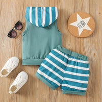 9months-4years Toddler Boy Sets Boys Suit Letter Print Hooded Tank Top & Striped Shorts Suit - PrettyKid