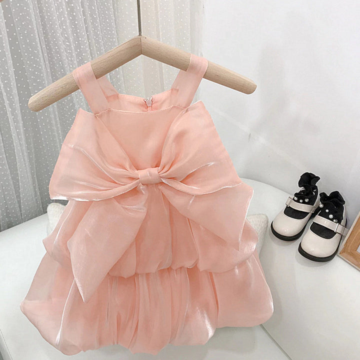 9M-6Y Cute Dresses For Girls Wide Sling Bow Bud Solid Color Wholesale Toddler Clothing - PrettyKid