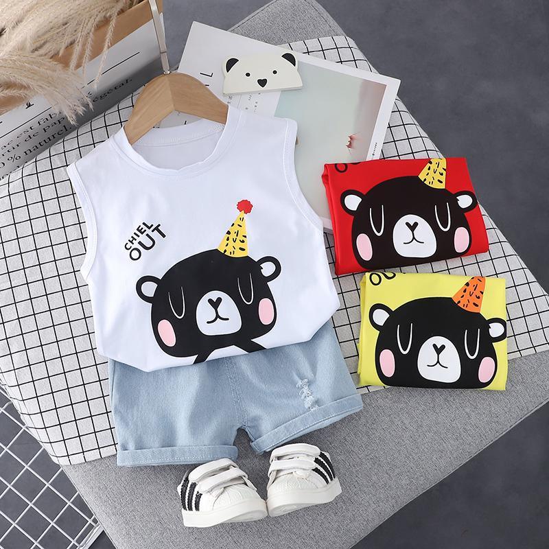 Toddler Boy Cartoon Bear Pattern Sleeveless Top & Denim Shorts - PrettyKid