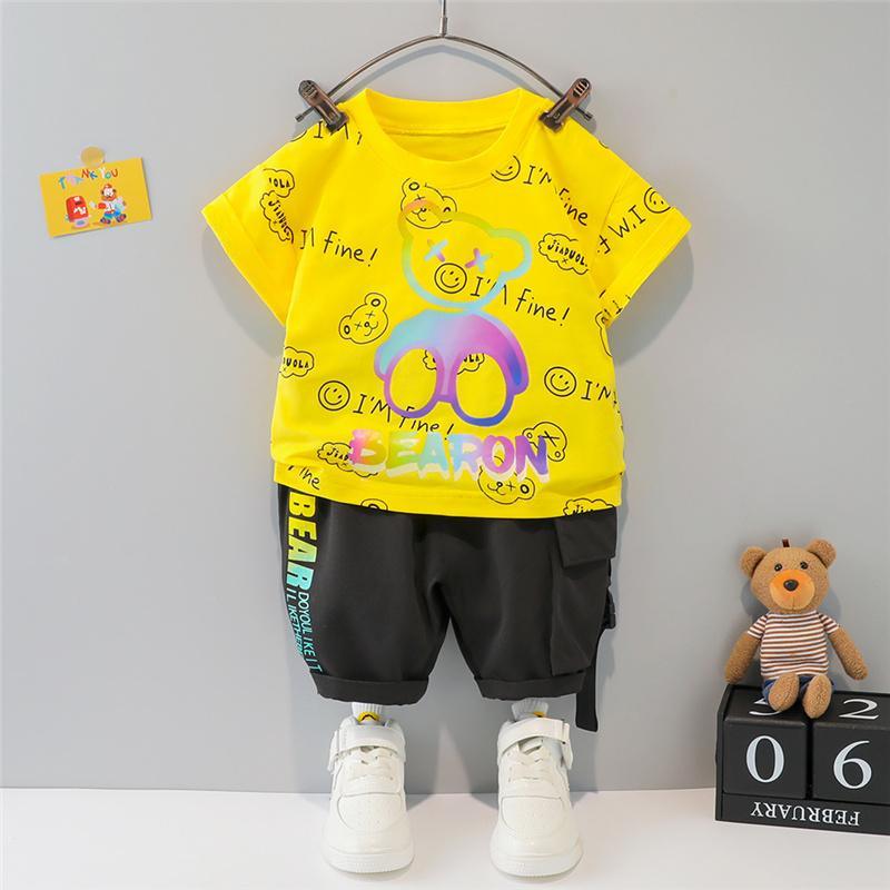 Grow Boy Bear Print T-shirt & Letter Shorts - PrettyKid