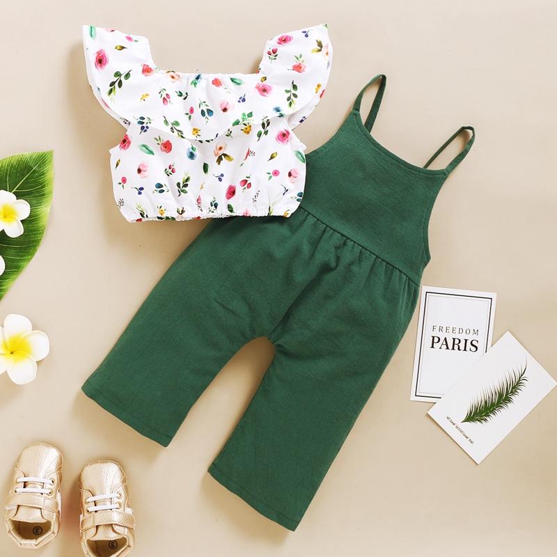 2-piece Floral Printed Blouse & Dungarees for Toddler Girl - PrettyKid