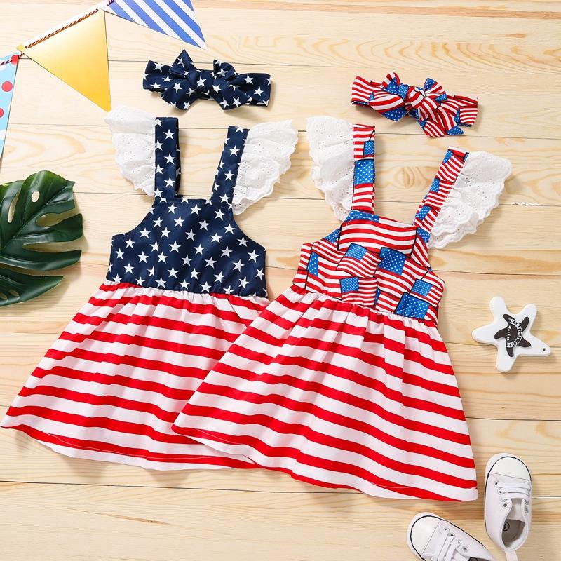 Baby Girl Independence Day Striped Ruffle Armhole Dress & Headband - PrettyKid