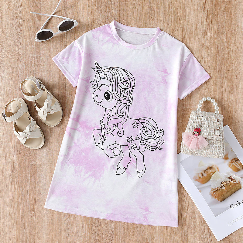18M-6Y Toddler Girls Unicorn Tie-Dye Print Shorts Sleeve Dresses Trendy Girl Clothes Wholesale - PrettyKid