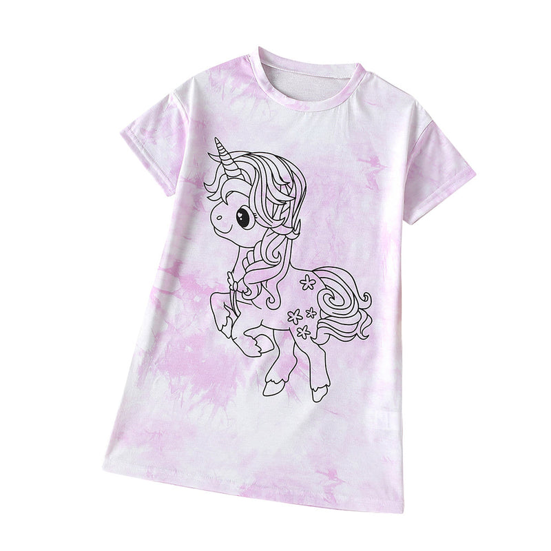 18M-6Y Toddler Girls Unicorn Tie-Dye Print Shorts Sleeve Dresses Trendy Girl Clothes Wholesale - PrettyKid