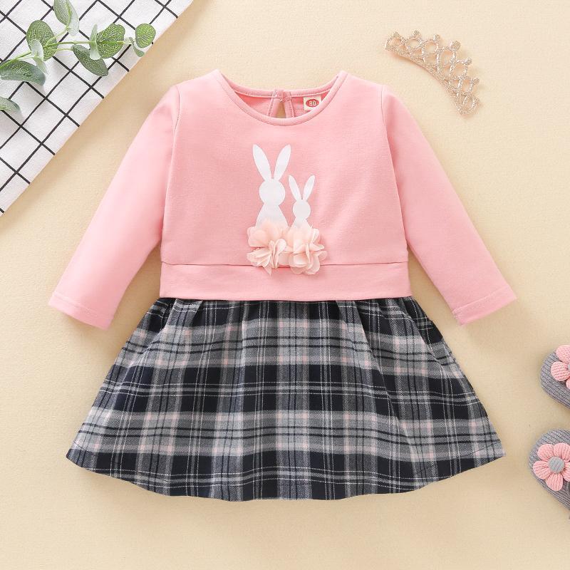 Rabbit Pattern Plaid Dress for Baby Girl - PrettyKid