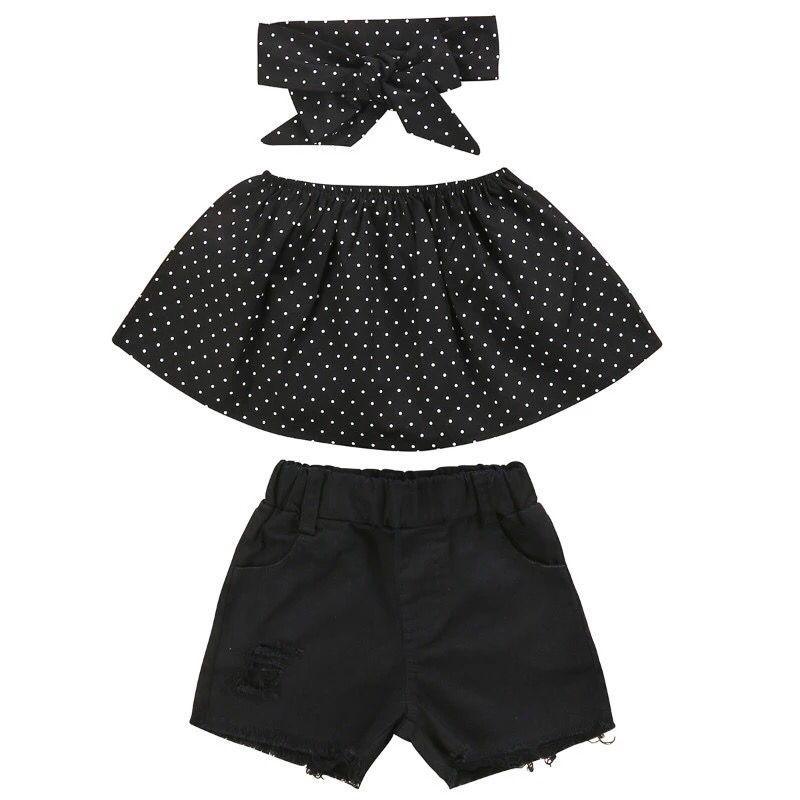 Grow Girl Strapless Polka Dot Top & Denim Shorts & Bowknot Headband - PrettyKid