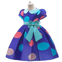 Girl Bow Decor Belt Puff Sleeve Dot Print Formal Dress - PrettyKid