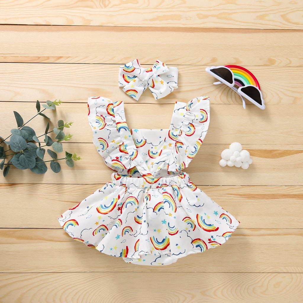 3-24M Rainbow White Cloud Print Square Neck Baby Girl Jumpsuit Wholesale Baby Clothes - PrettyKid