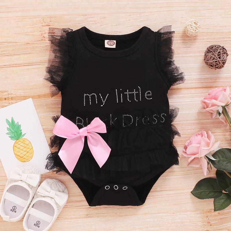 Pretty Letter Lace Ruffled-sleeve Bodysuit with Cute Bowknot - PrettyKid