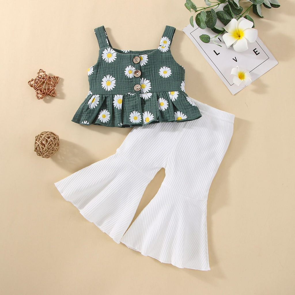 6M-3Y Baby Girls Sets Daisy Ruffle Hem Cami Top & Ribbed Bell Bottom Pants Wholesale Baby Clothing - PrettyKid