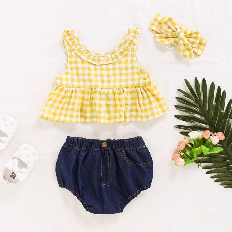 3-piece Plaid Tops & Short & Headband for Baby Girl Children's Clothing - PrettyKid