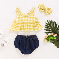 3-piece Plaid Tops & Short & Headband for Baby Girl Children's Clothing - PrettyKid