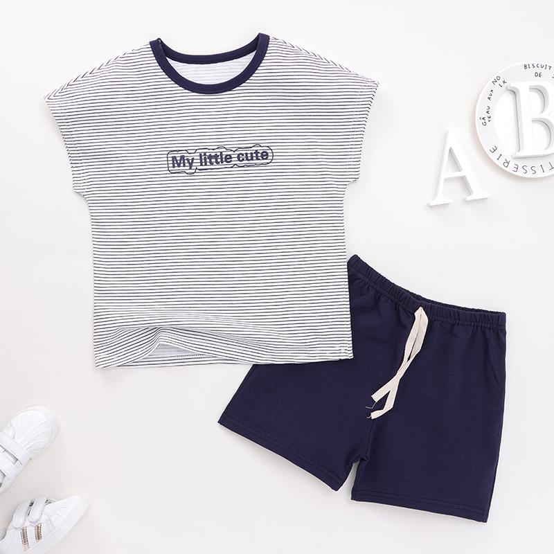 Boy Letter Black And White Striped T-shirt & Solid Color Shorts Children's Clothing - PrettyKid